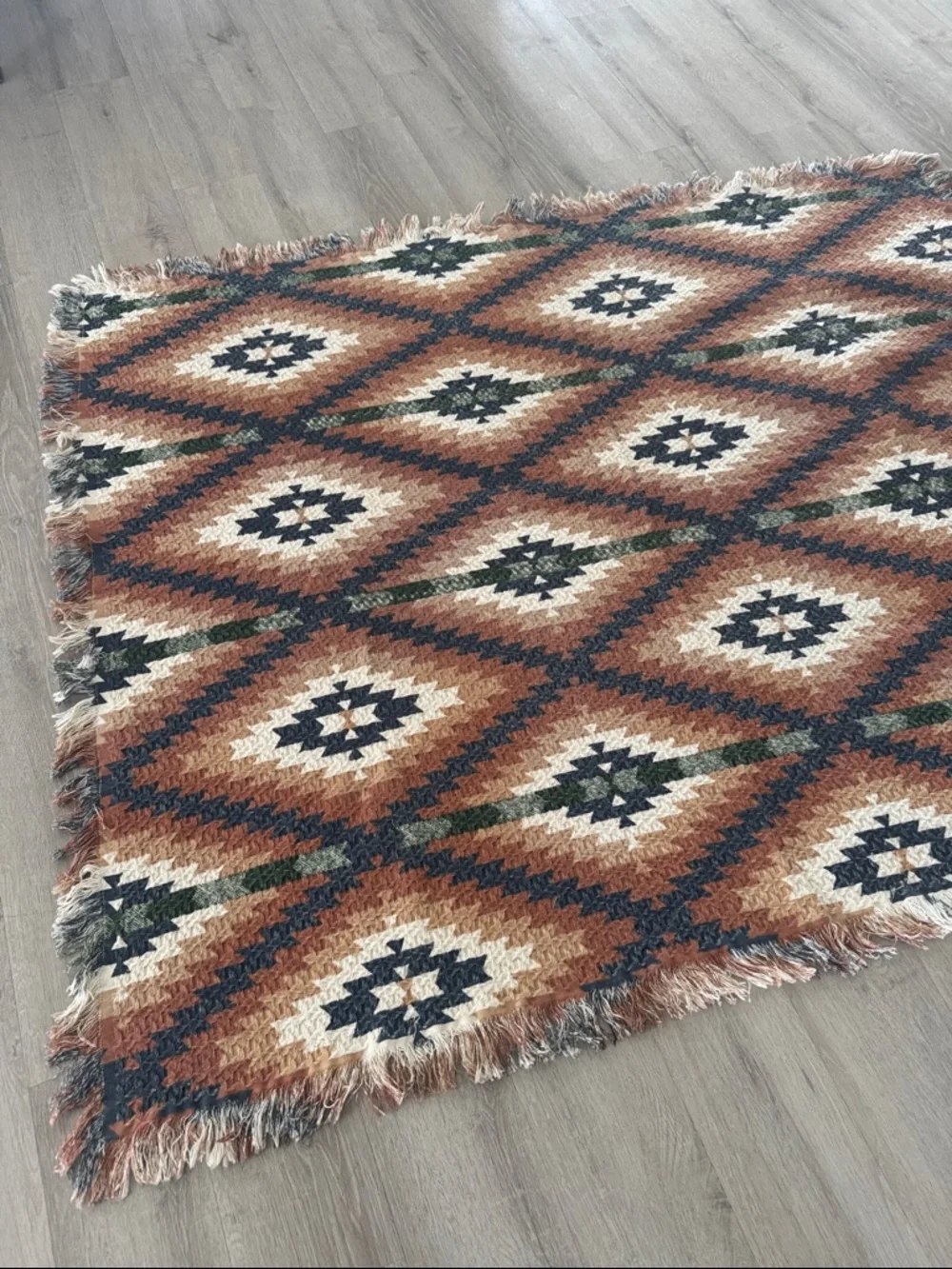 Aztec Geometric pattern woven Throw Blanket Tan Navy Rust Cotton 52x64 NEW